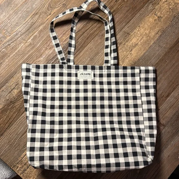Sezane Vichy Black white Checkered Tote NEW - Picture 3 of 4
